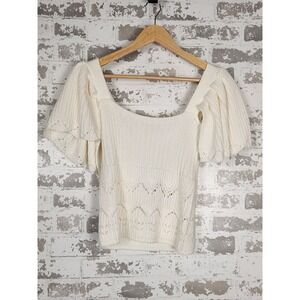 Crochet Sweater Size Small Beige Flutter Sleeve Boho Chic‎ Eyelet Knit Feminine